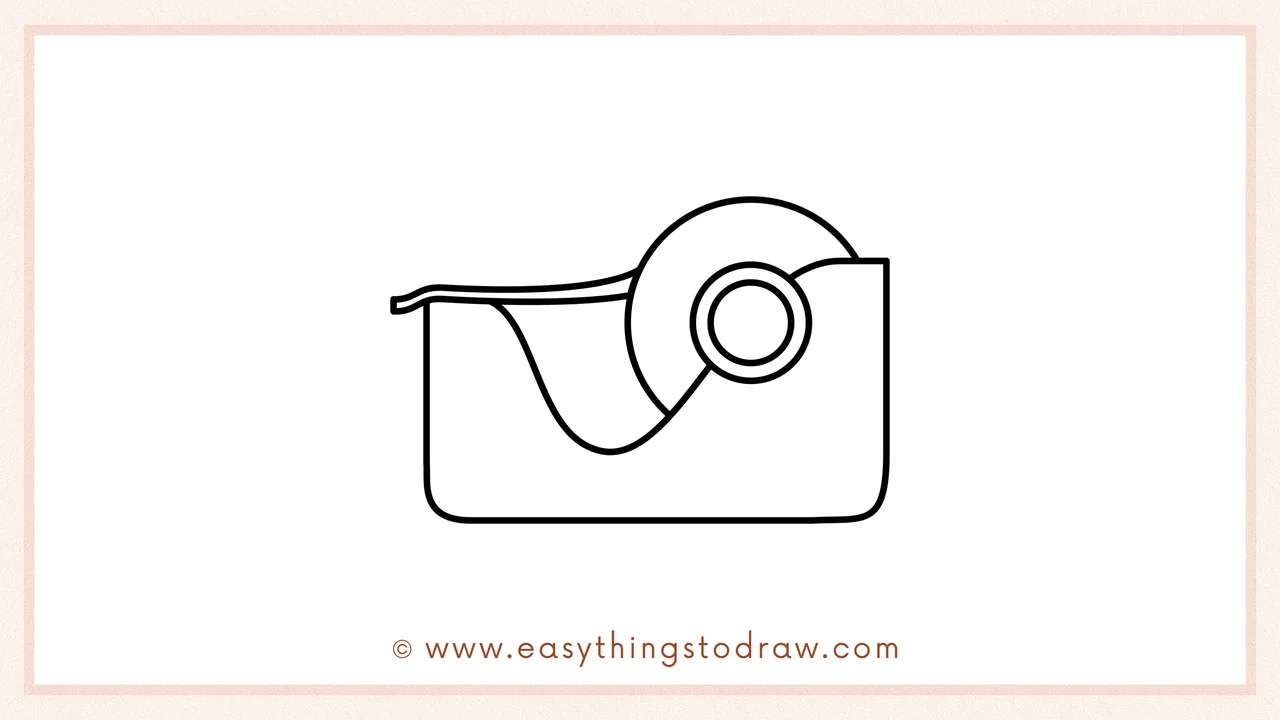 Step 5 of easy tape dispenser drawing steps – Drawing a thin curved strip for the tape's edge, optionally with a zigzag tip.