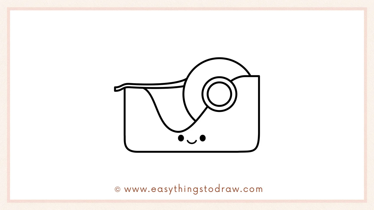 Step 6 of simple tape dispenser drawing tutorial – Adding two small circles for eyes and a smile to give personality.
