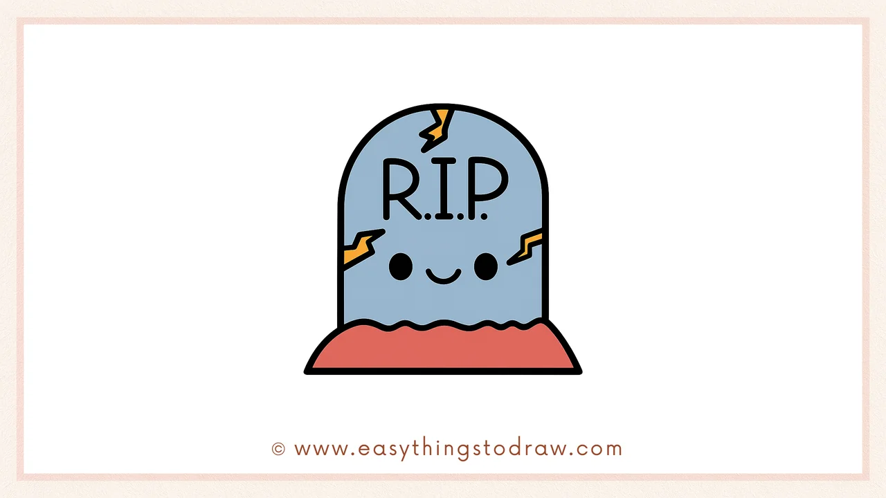 Final colored drawing: a cute cartoon Halloween tombstone with a smile, R.I.P. text, and cracks. Great for kids.