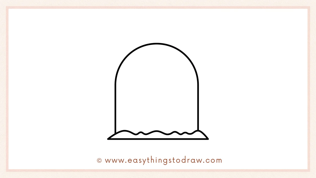 Step 2 of drawing a tombstone – Adding a wavy grass line and a straight line below to form the ground base.