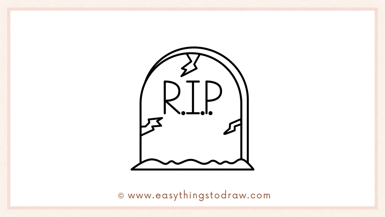 Step 5 of easy tombstone drawing steps – Adding jagged cracks on the tombstone's surface for an aged look.