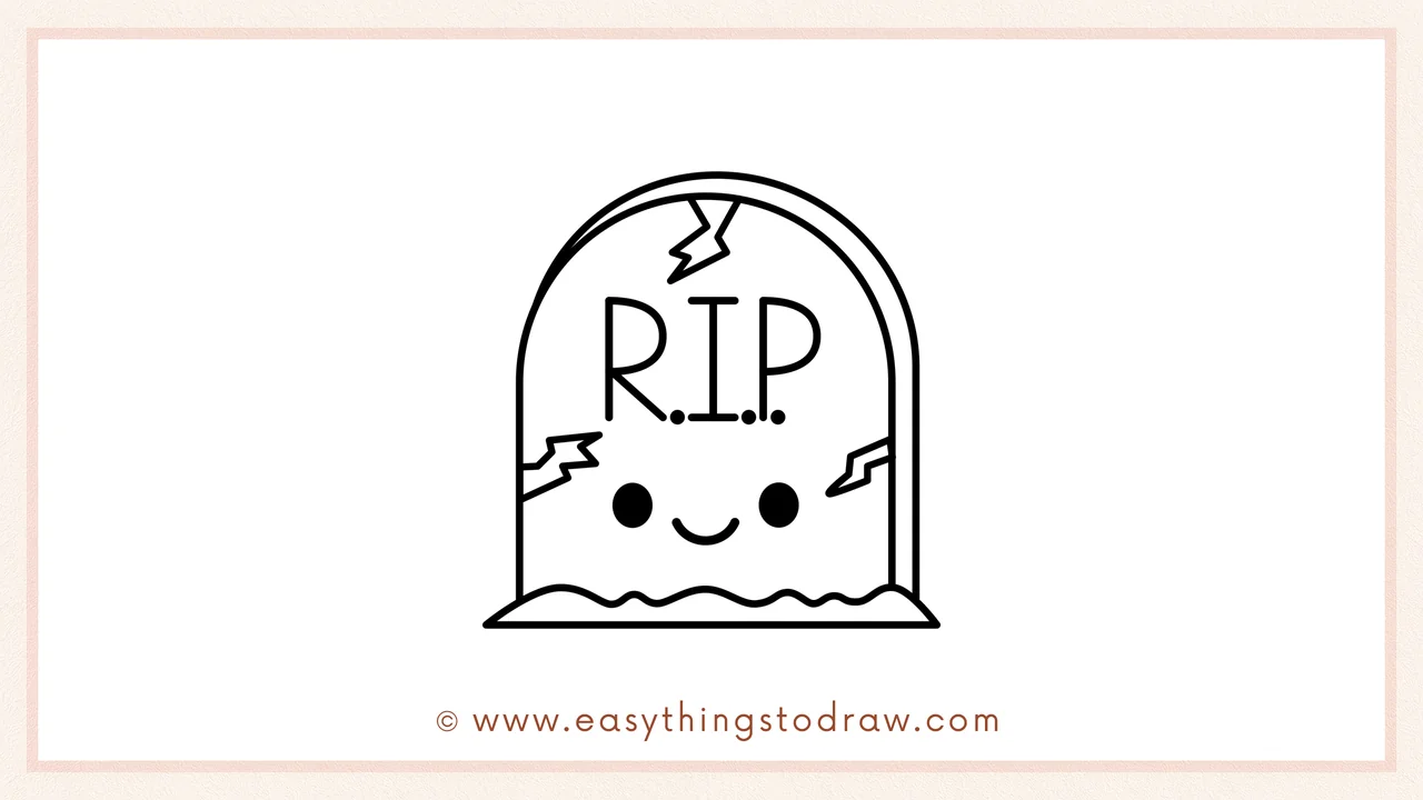 Step 6 of simple tombstone drawing tutorial – Giving the tombstone a cute face with two round eyes and a smile.