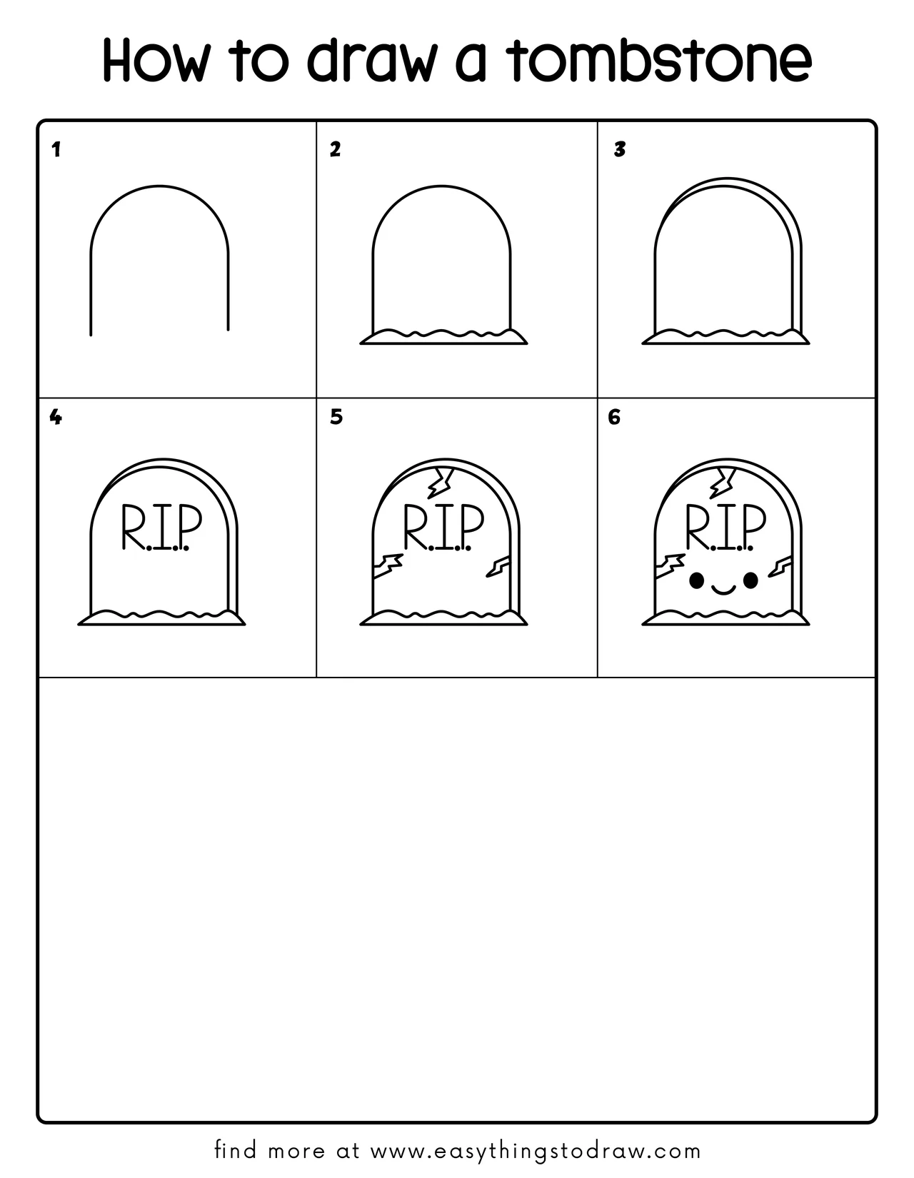 Grid tutorial with 6 easy steps to draw a cute cartoon Halloween tombstone for kids and beginners.