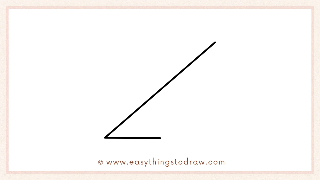 Step 1 of how to draw a triangle ruler – Sketching a long diagonal line and a short horizontal line to start the triangle base.