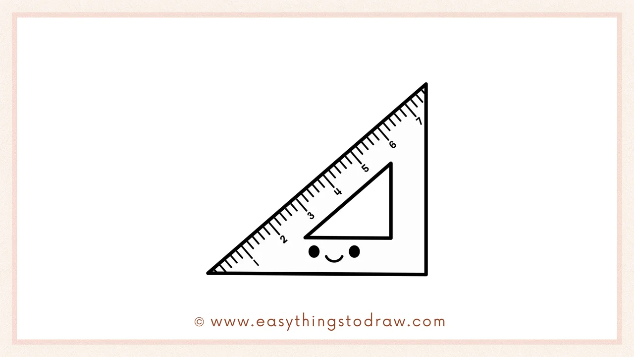 Step 6 of simple triangle ruler drawing tutorial – Adding a cute face with two circle eyes and a smiling mouth to the ruler.