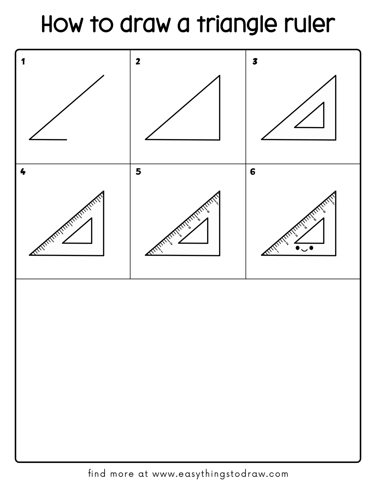 Step-by-step drawing tutorial grid showing how to draw a cool triangle ruler in 6 easy steps, perfect for kids and beginners.