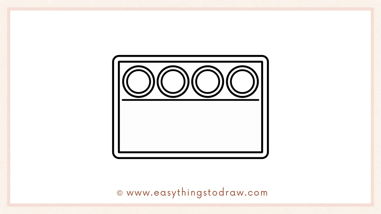 Step 4 of step-by-step watercolor palette sketch – Drawing five circles above the center line for the top paint row.