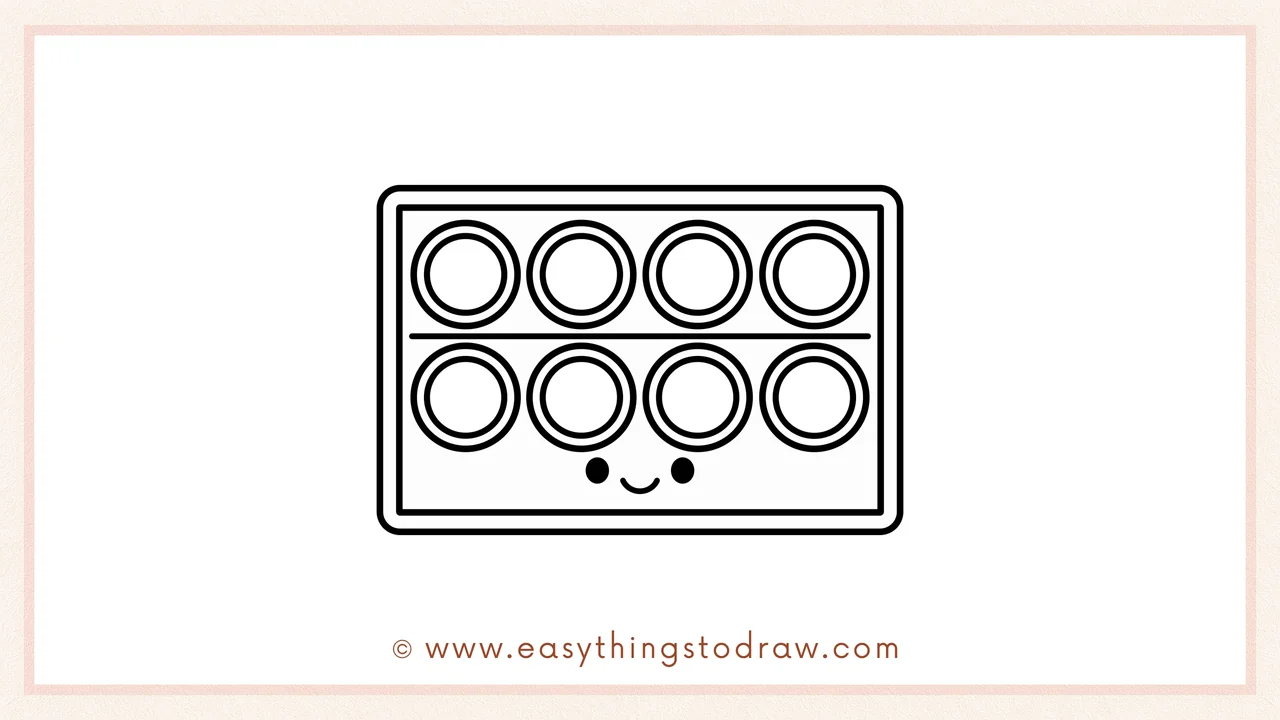 Step 6 of simple watercolor palette drawing tutorial – Drawing two dot eyes and a curved smile for a cute palette face.