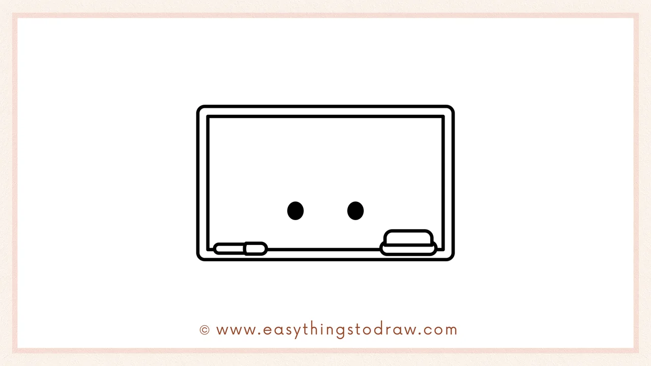 Step 5 of easy whiteboard drawing steps – Adding two round black eyes near the middle of the board for a cute expression.