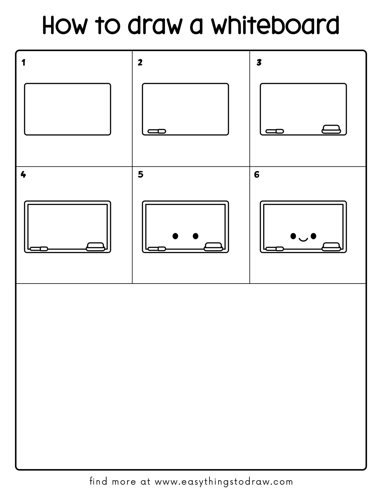 Step-by-step drawing tutorial showing how to draw a cute whiteboard in 6 easy steps for kids and beginners.