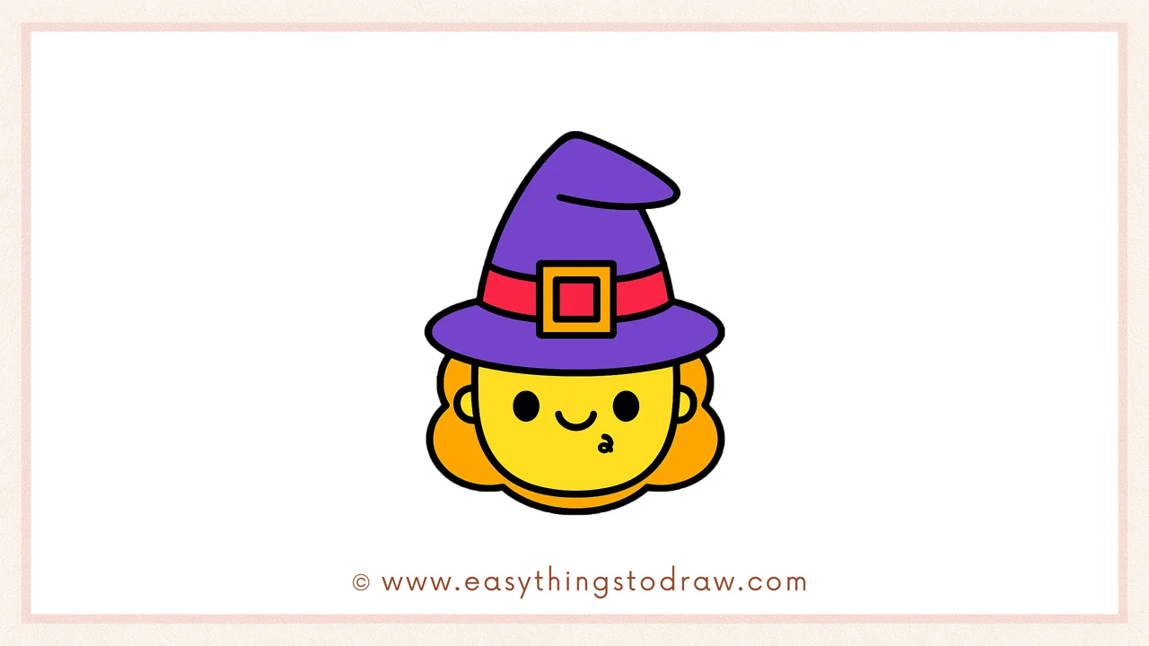 Final colored drawing of a cute cartoon witch with a pointy hat, smiling face, and curly hair, perfect for Halloween fun.