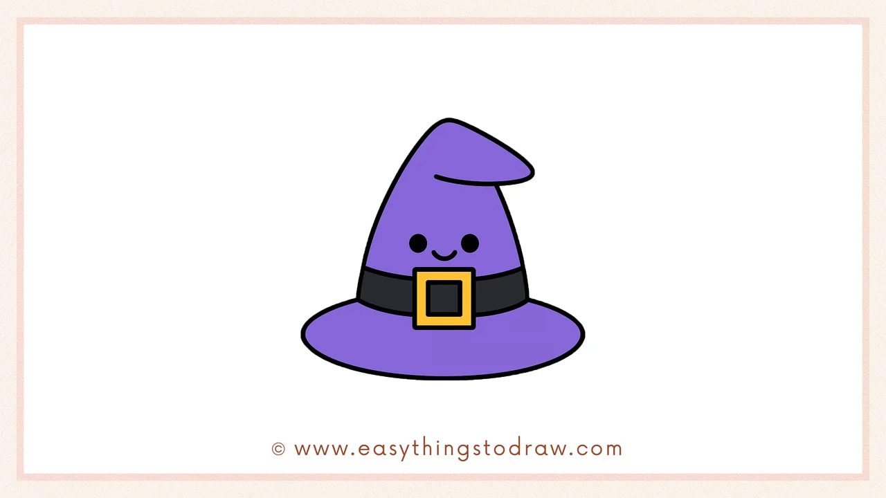 Final colored drawing of a cute cartoon witch hat with a friendly face, buckle detail, and a classic pointy shape, ideal for Halloween.