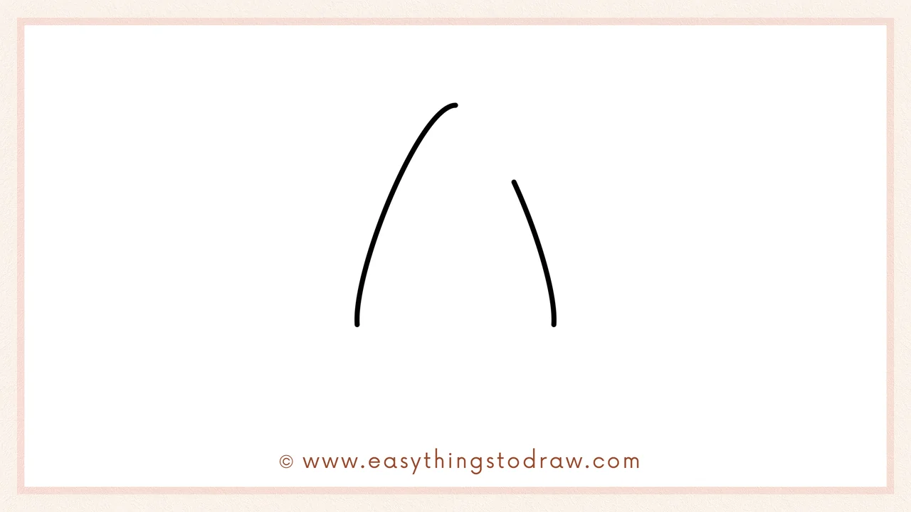Step 1 of how to draw a witch hat – Sketching two curved lines to form the tall, pointy, droopy top of the witch hat.