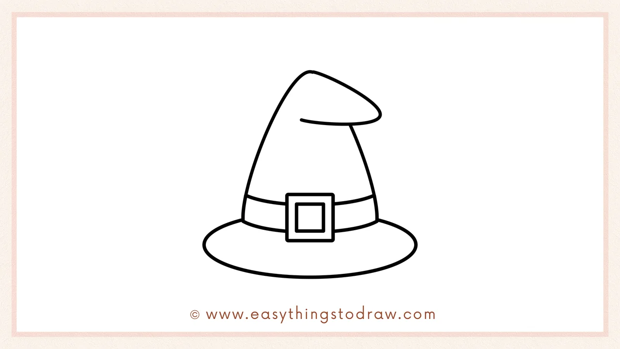 Step 5 of easy witch hat drawing steps – Drawing a wide, round oval shape at the bottom of the hat to form the brim.