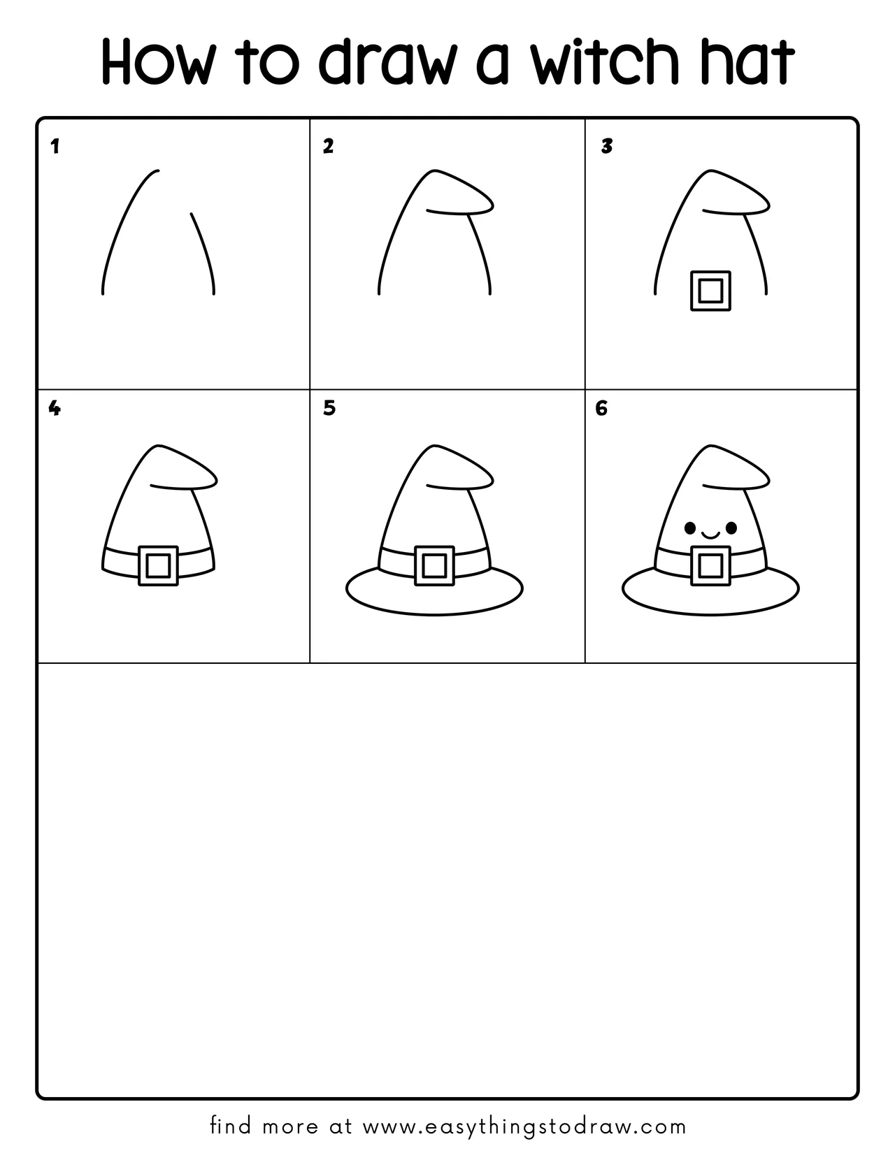 Step-by-step drawing tutorial showing how to draw a cute witch hat in 6 easy steps for kids and beginners.