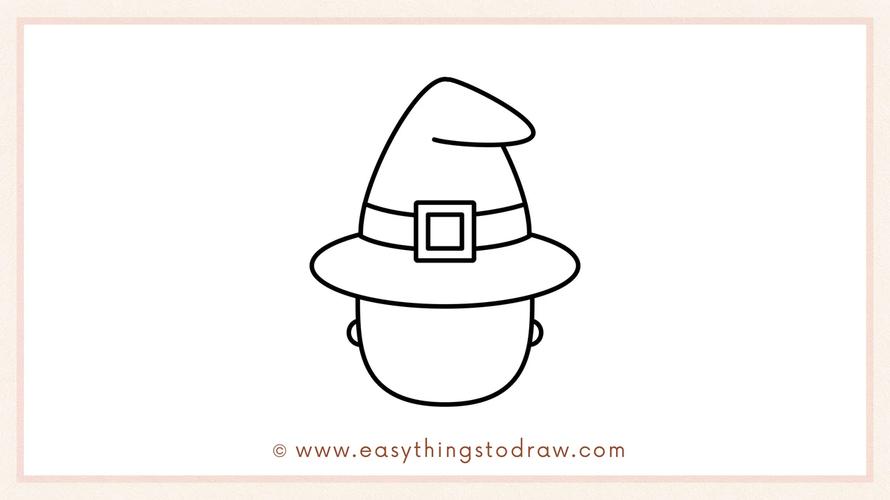 Step 4 of step-by-step witch sketch – creating a rounded square head under the brim and two small circles for ears.