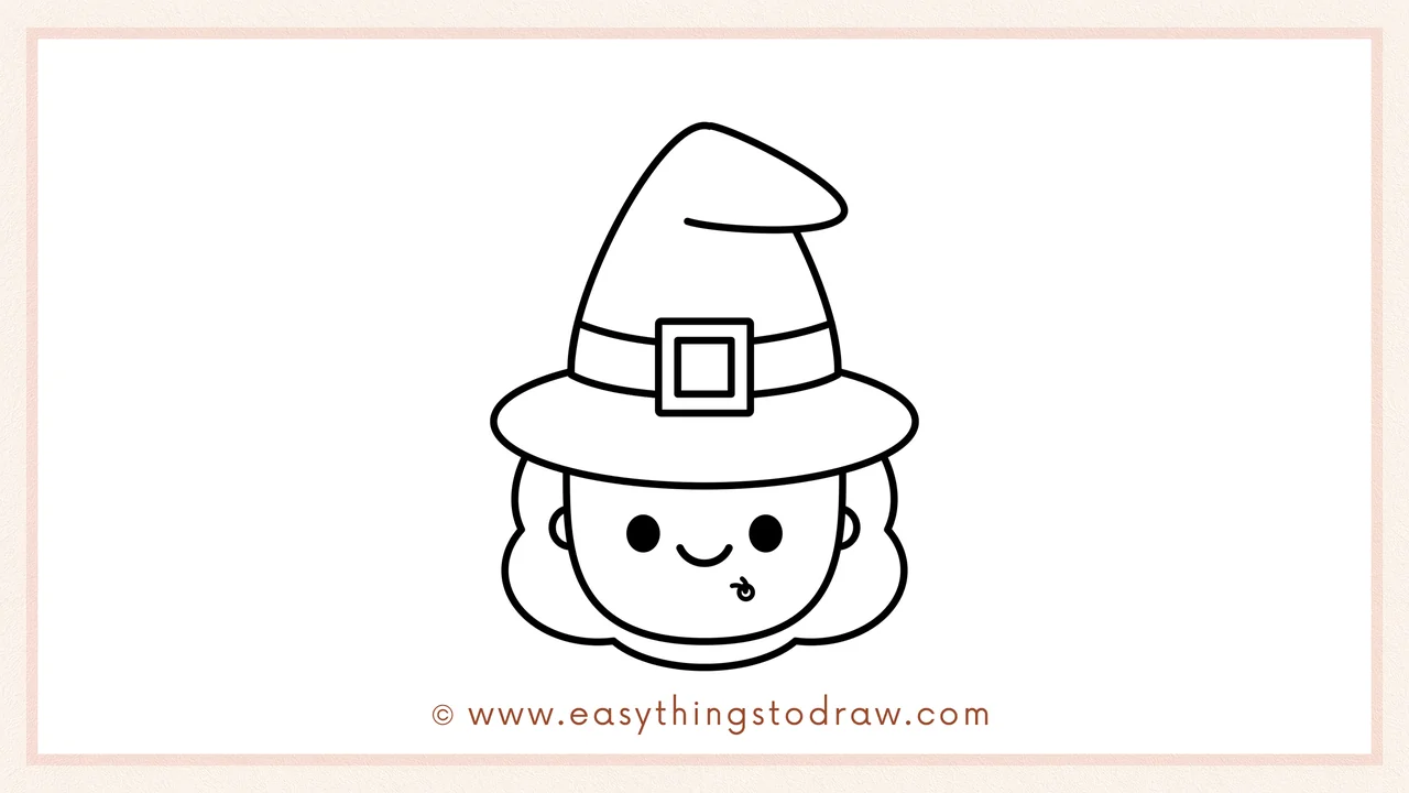 Step 6 of simple witch drawing tutorial – adding puffy, wavy hair around both sides of the witch's face for a friendly look.