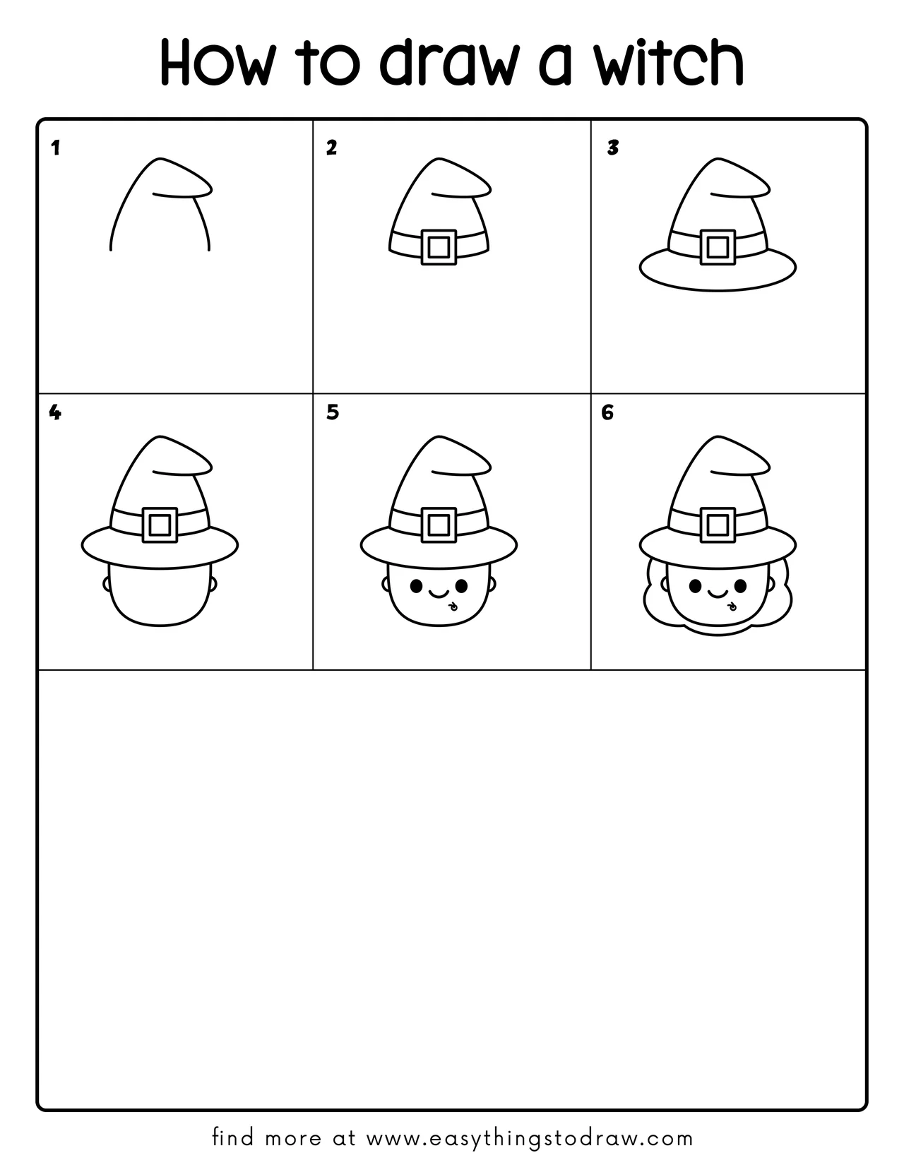 Step-by-step drawing tutorial showing how to draw a cute witch in 6 easy steps for kids and beginners.