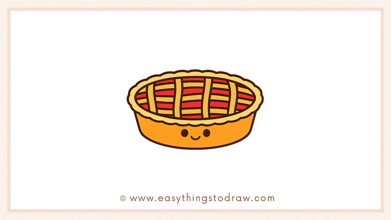 Final colored drawing of a cute cartoon apple pie with a golden-brown lattice crust, a happy smile on the pan, and a warm, inviting look, suitable for children's art projects.