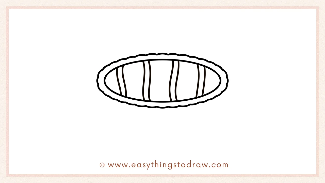 Step 3 of sketching an apple pie for beginners – Drawing slightly curved, evenly spaced vertical lines inside the inner oval for the lattice pattern.