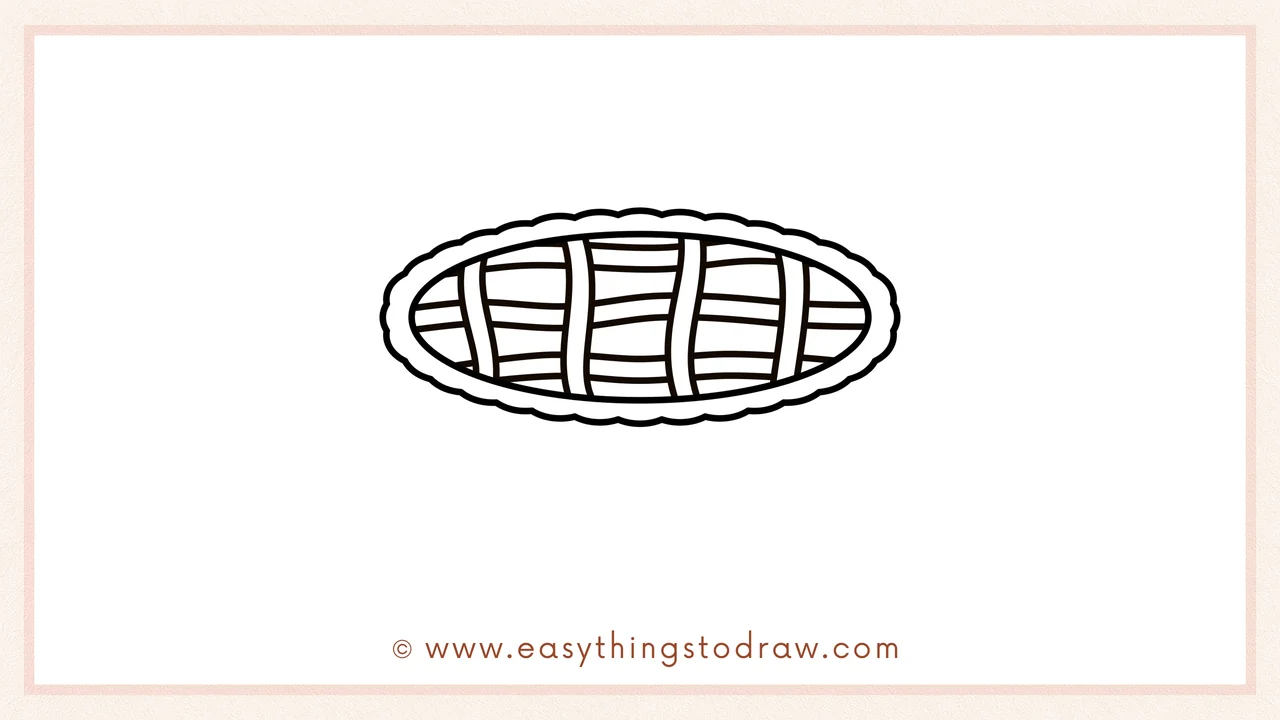 Step 4 of step-by-step apple pie sketch – Adding slightly curved horizontal lines across the vertical ones to form the classic lattice pie top.