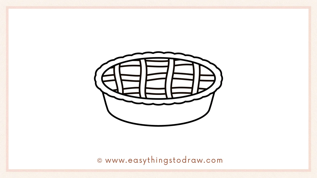 Step 5 of easy apple pie drawing steps – Drawing a curved bowl shape underneath the pie crust to create the pie pan.