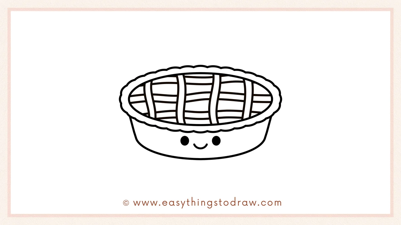 Step 6 of simple apple pie drawing tutorial – Adding two small black circles for eyes and a happy smile on the pie pan.
