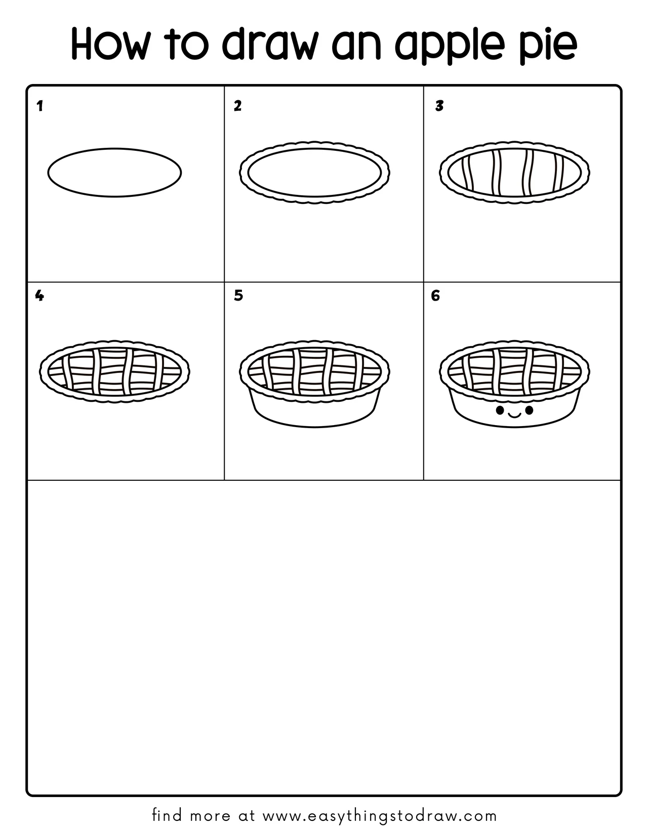 Step-by-step drawing tutorial showing how to draw a cute cartoon apple pie in 6 easy steps, perfect for kids and beginners.
