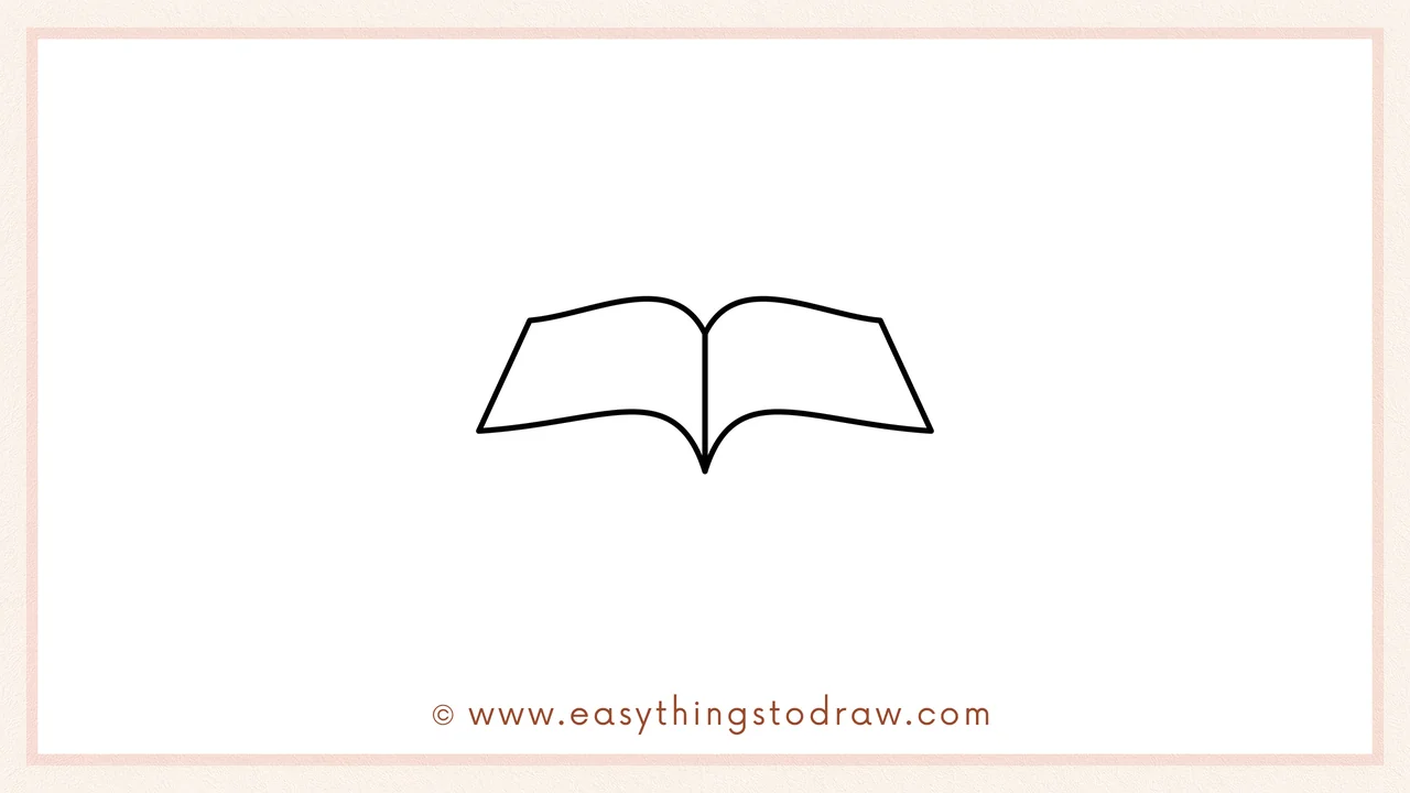 Step 1 of how to draw a book – Sketching a wide V-shape curved upwards, connected with diagonal lines for the open pages.