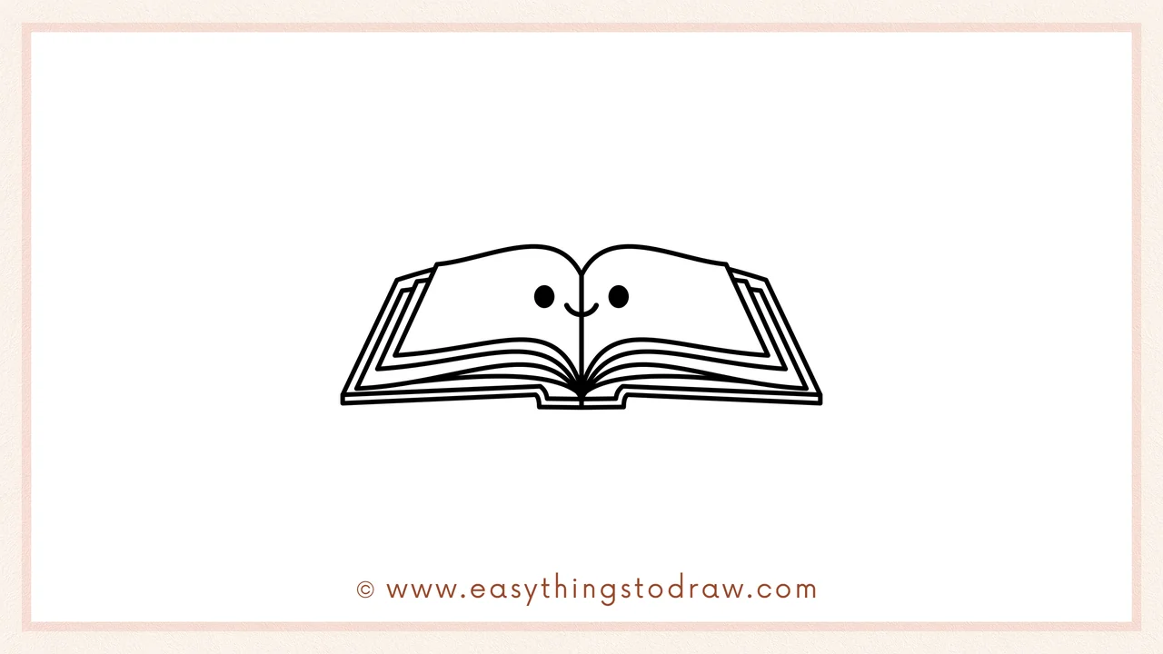 Step 6 of simple book drawing tutorial – Drawing two cute eyes and a smile on the open pages for a happy book face.