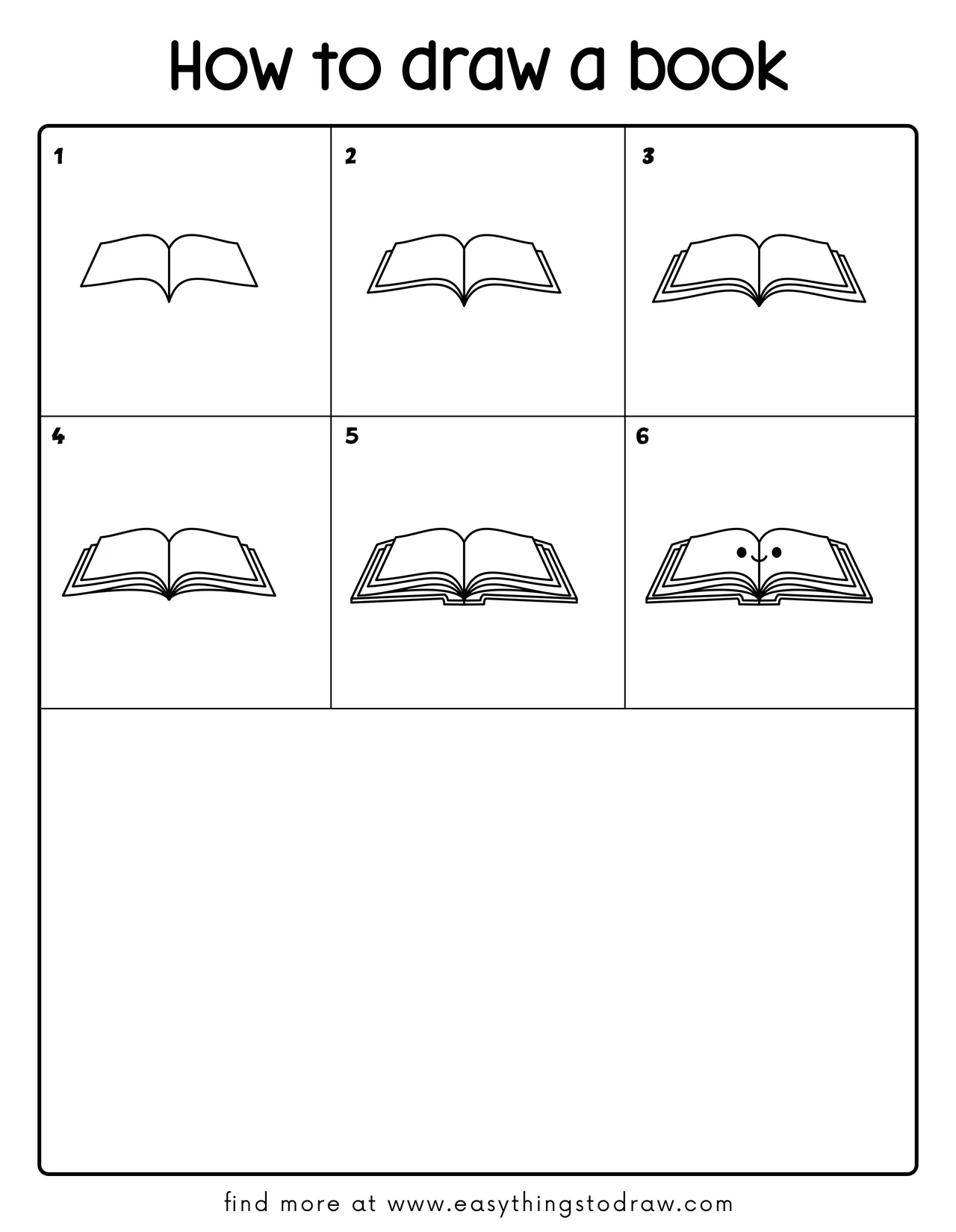 Step-by-step drawing tutorial showing how to draw a cute book in 6 easy steps for kids and beginners.