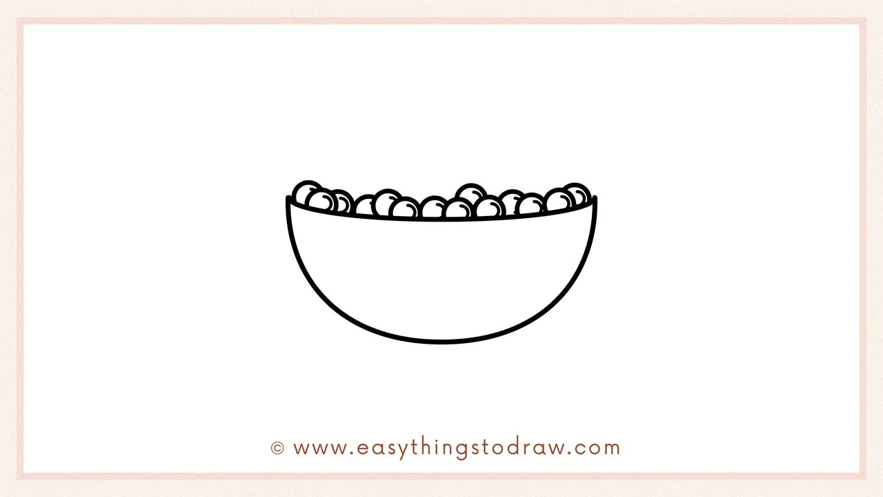 Step 3 of sketching a bowl of cranberries for beginners – Adding small round circles at the top of the bowl for the first row of cranberries.