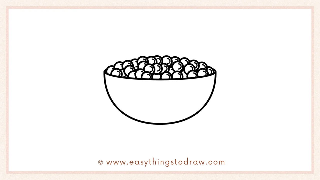 Step 5 of easy bowl of cranberries drawing steps – Packing the bowl full by drawing more berries until it overflows, adding tiny highlights.