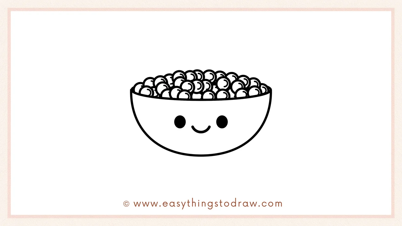 Step 6 of simple bowl of cranberries drawing tutorial – Giving the bowl a cheerful face by drawing two cute eyes and a smiling mouth.