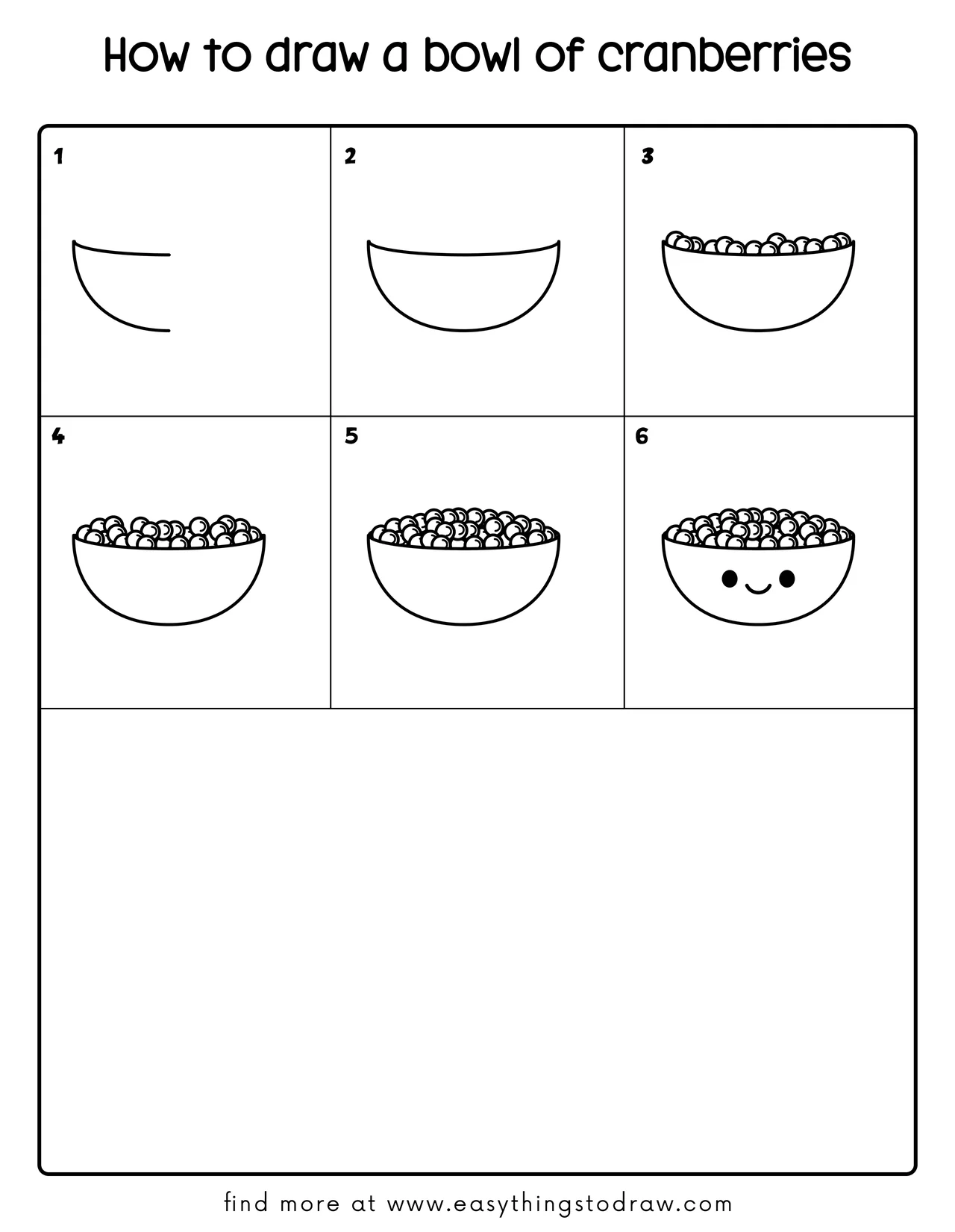 Step-by-step drawing tutorial showing how to draw a cute bowl of cranberries in 6 easy steps, perfect for kids and beginners.