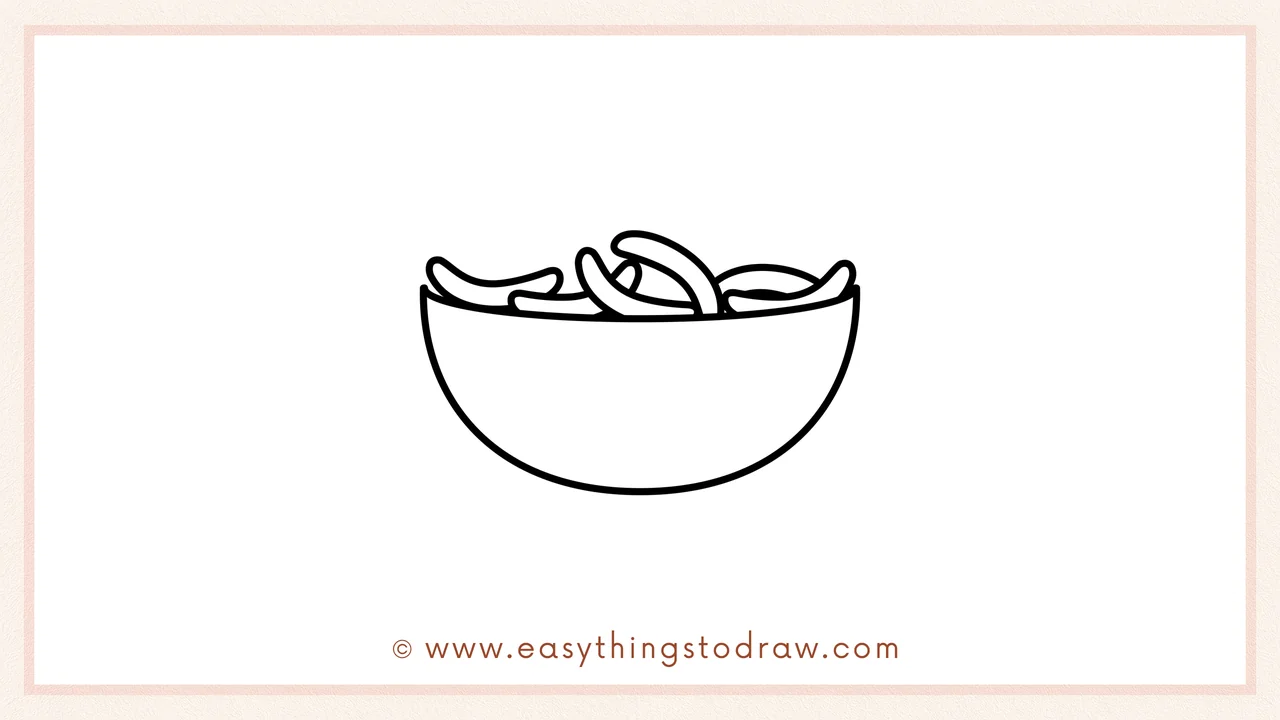 Step 4 of step-by-step bowl of green beans sketch – Start adding long, curved green bean shapes inside the bowl, overlapping them slightly.