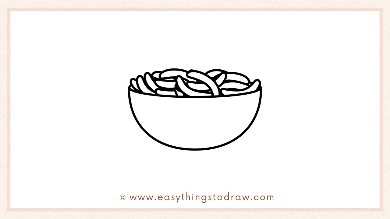 Step 5 of easy bowl of green beans drawing steps – Continue adding more curved bean shapes until the bowl looks full and bouncy.
