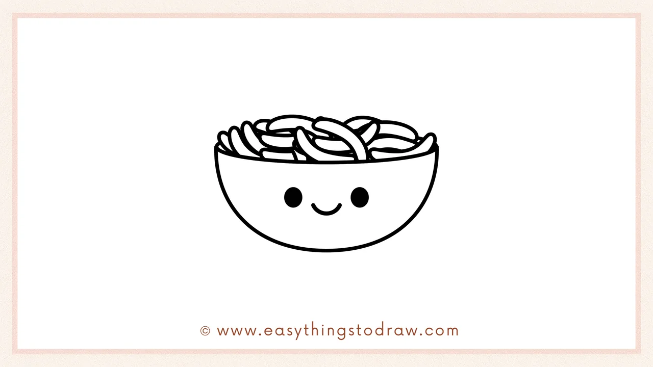 Step 6 of simple bowl of green beans drawing tutorial – Draw two round eyes and a sweet smile on the front of the bowl for a cheerful look.