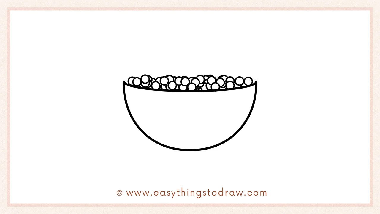Step 3 of sketching a bowl of Thanksgiving peas for beginners – Filling the bowl's top with small overlapping circles as the first layer of peas.