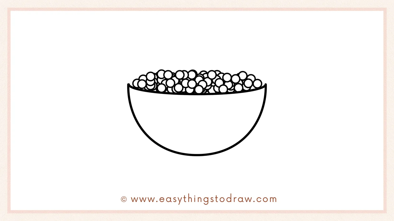 Step 4 of step-by-step bowl of Thanksgiving peas sketch – Continuing to fill the bowl with more varied, overlapping pea circles.