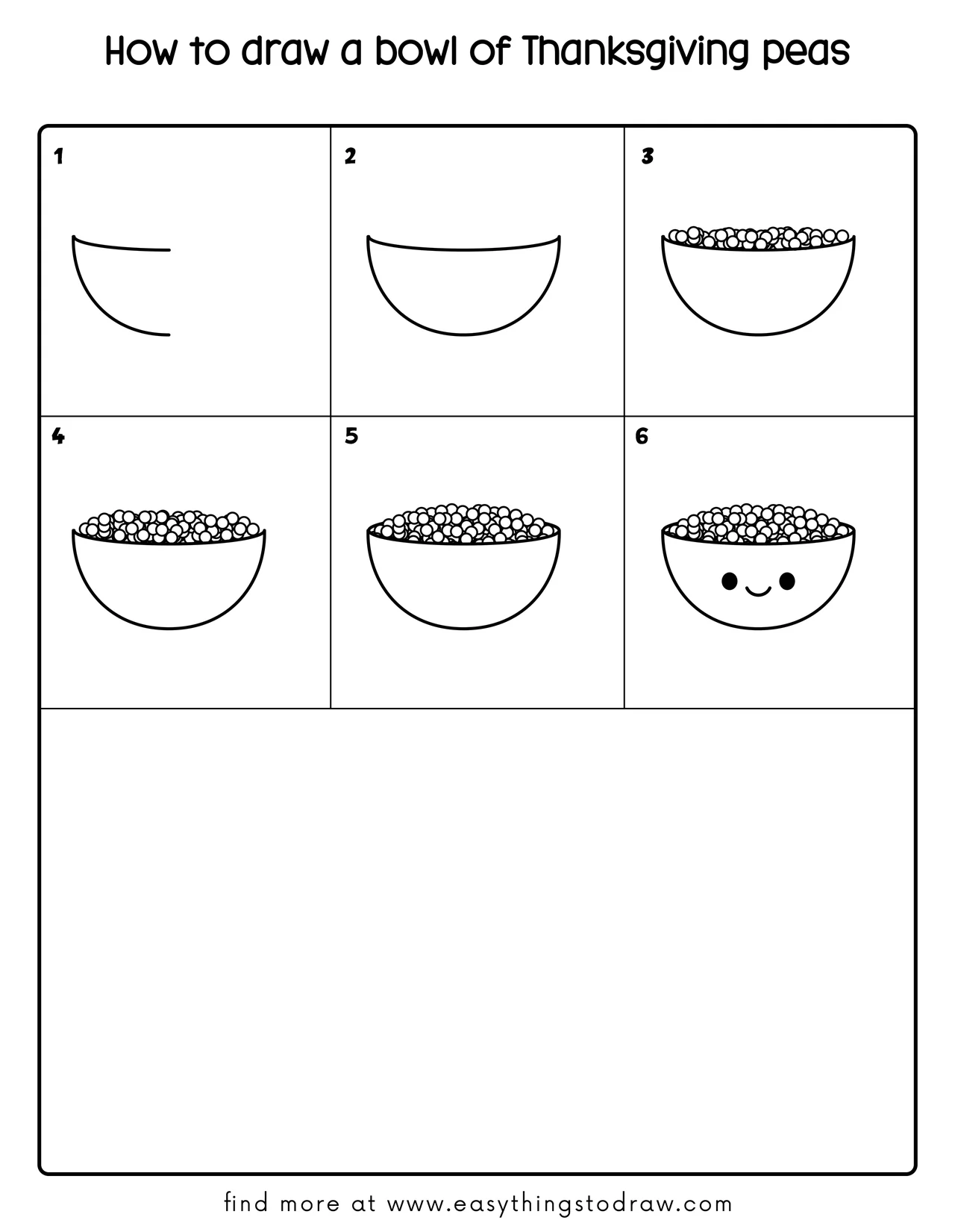 Step-by-step drawing tutorial showing how to draw a cute cartoon bowl of Thanksgiving peas in 6 easy steps for kids and beginners.