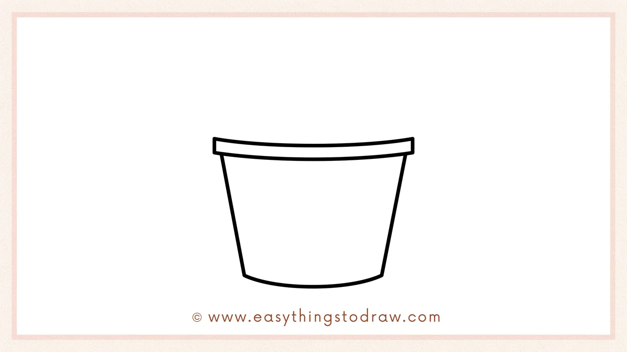 Step 2 of drawing a bucket of apples – Adding two slanted lines down from the rim and connecting with a curved bottom line.