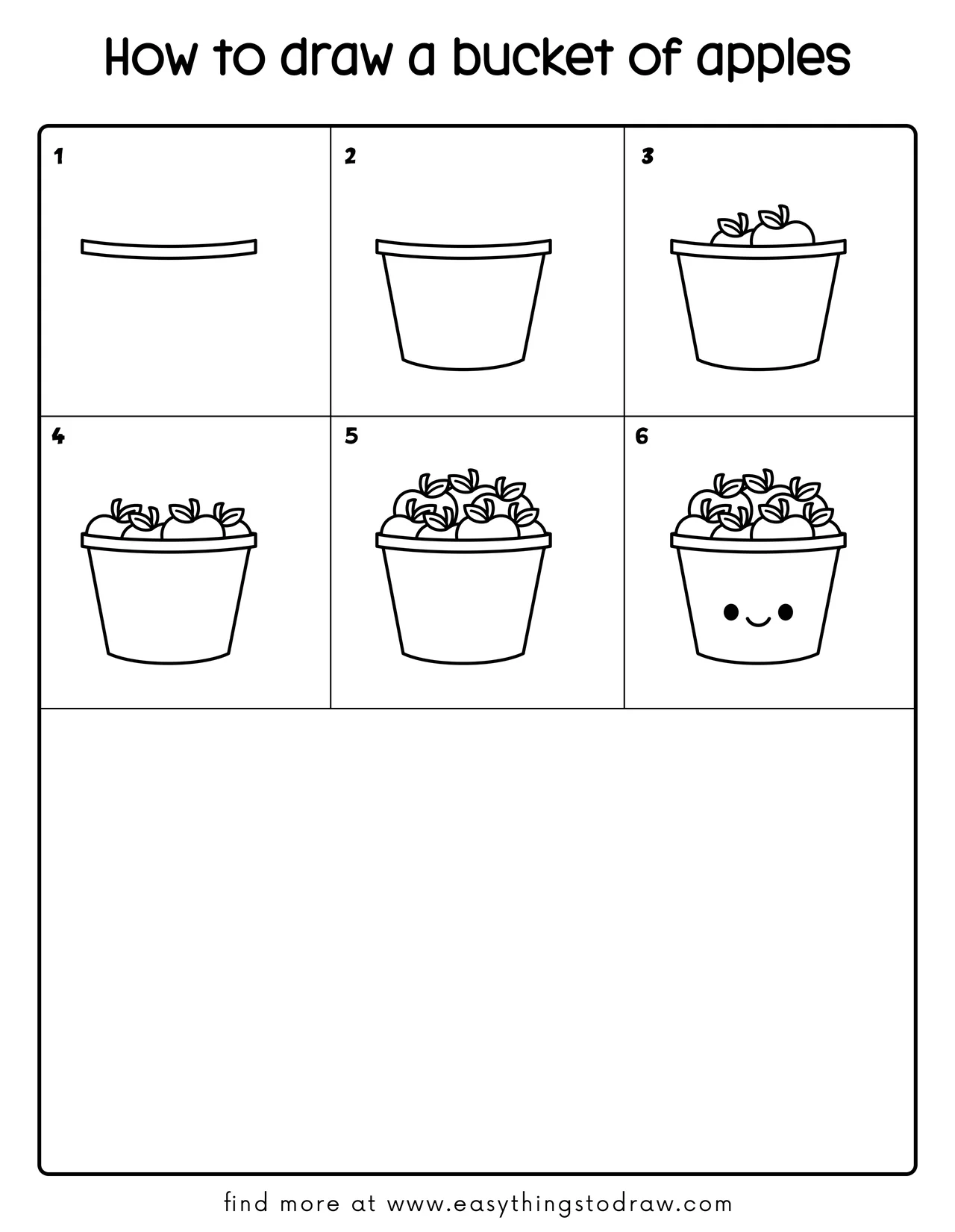 Step-by-step drawing tutorial showing how to draw a cute cartoon bucket of apples in 6 easy steps for kids and beginners.