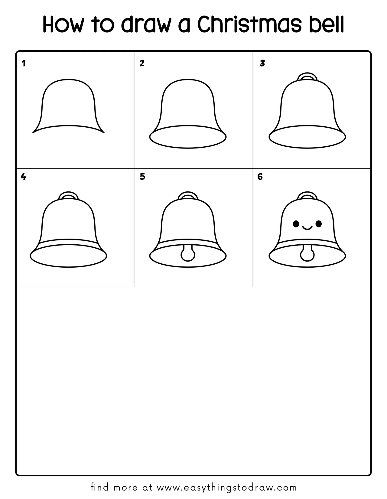Step-by-step drawing tutorial showing how to draw a cute Christmas bell in 6 easy steps for kids and beginners.