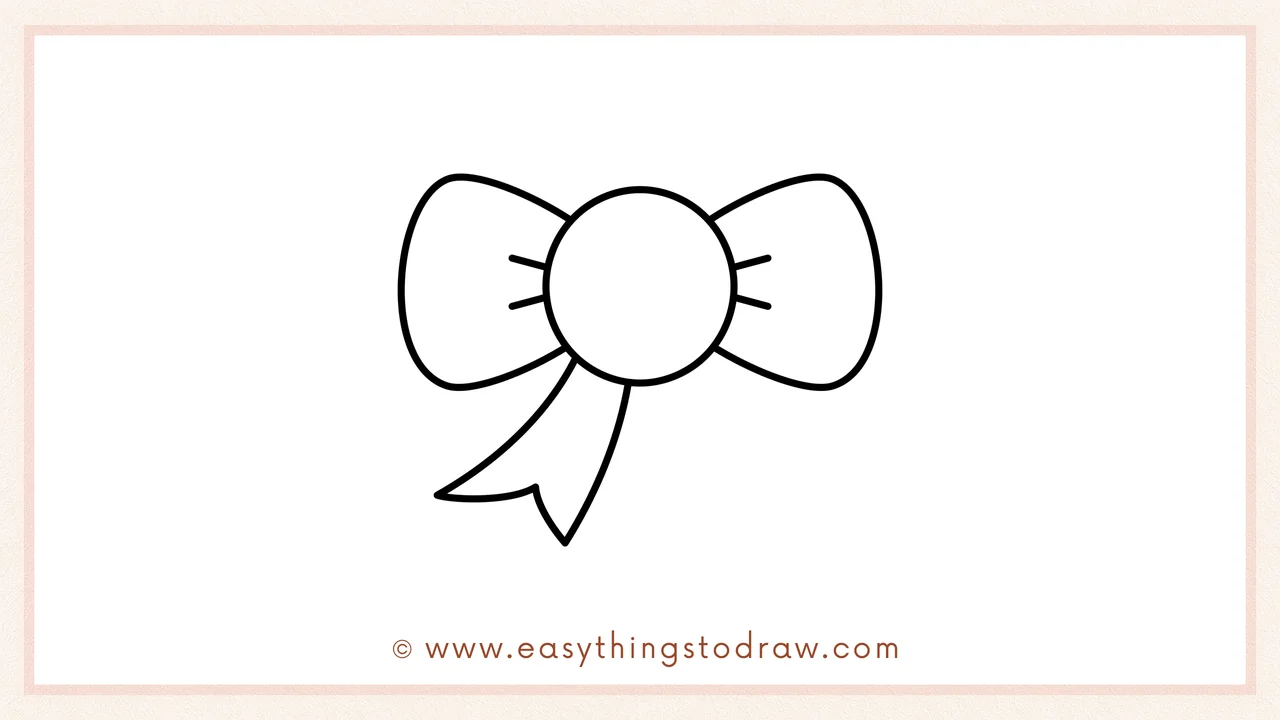 Step 4 of step-by-step Christmas bow sketch – Add a wavy ribbon tail with a pointy end coming down from the left.