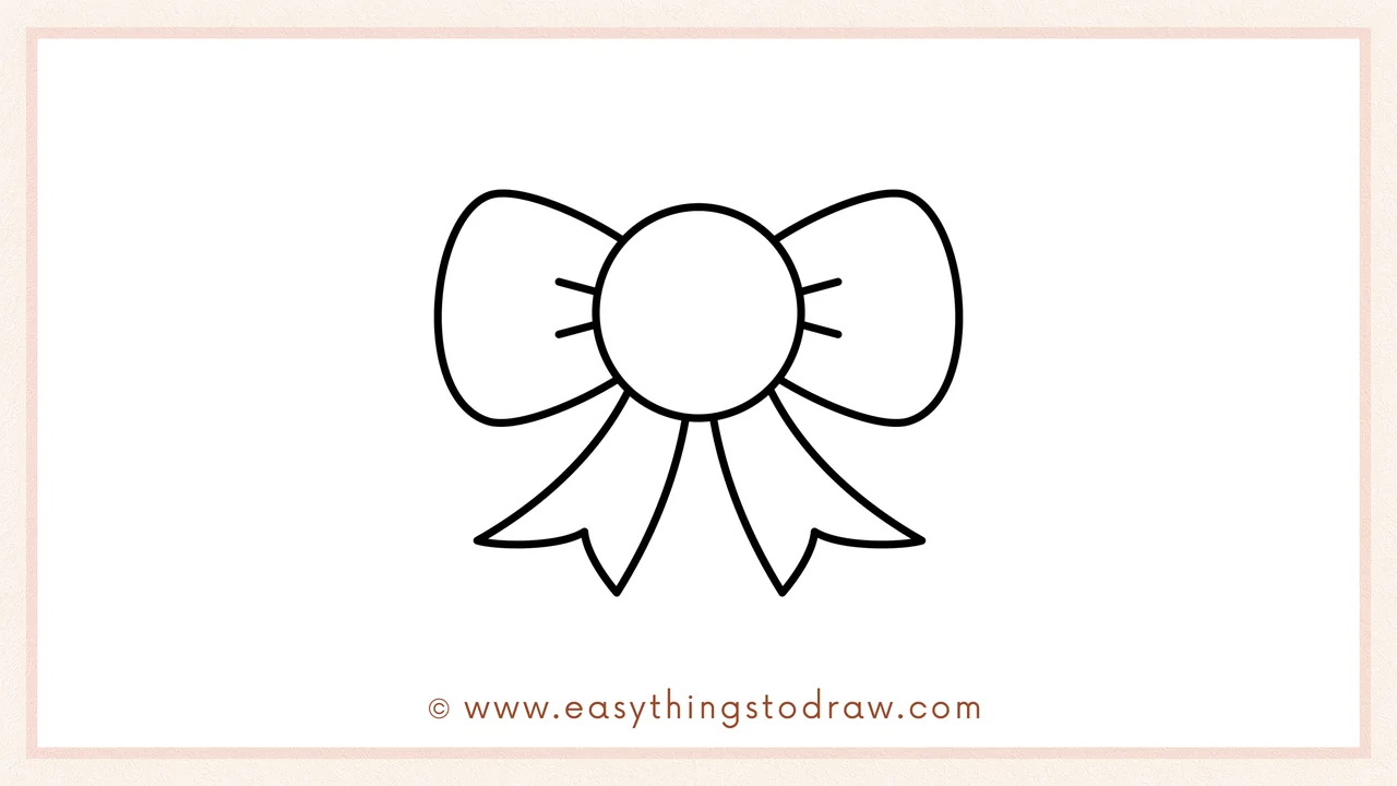 Step 5 of easy Christmas bow drawing steps – Repeat the ribbon tail shape on the right side for symmetry.
