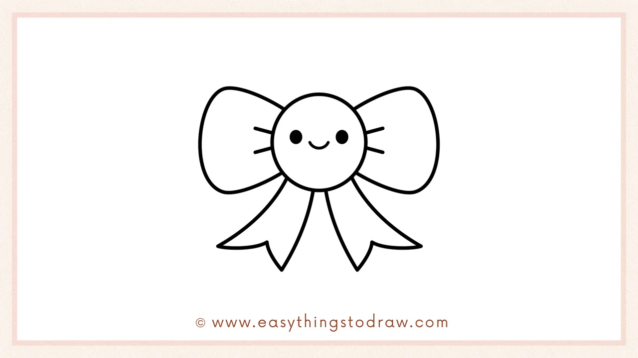 Step 6 of simple Christmas bow drawing tutorial – Draw a cute face in the center knot and color the bow festively.