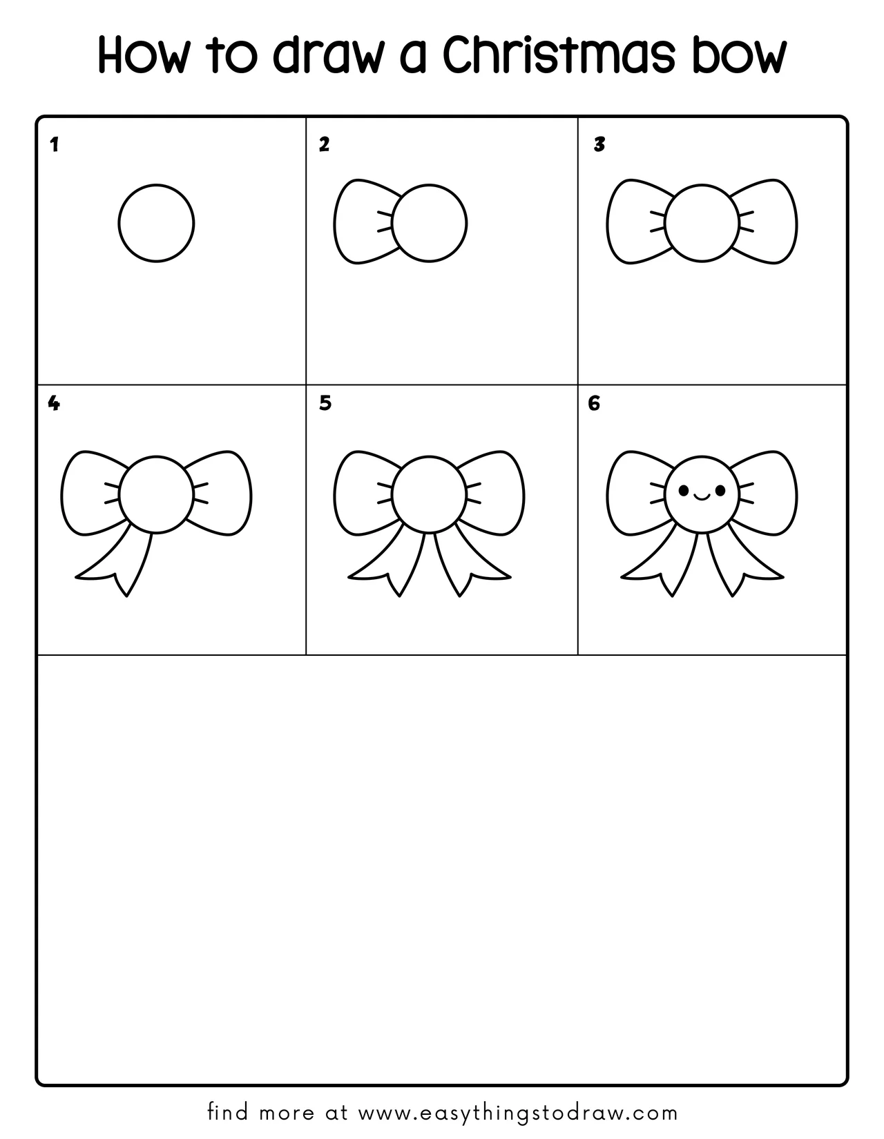 Step-by-step drawing tutorial showing how to draw a cute Christmas bow in 6 easy steps for kids and beginners.