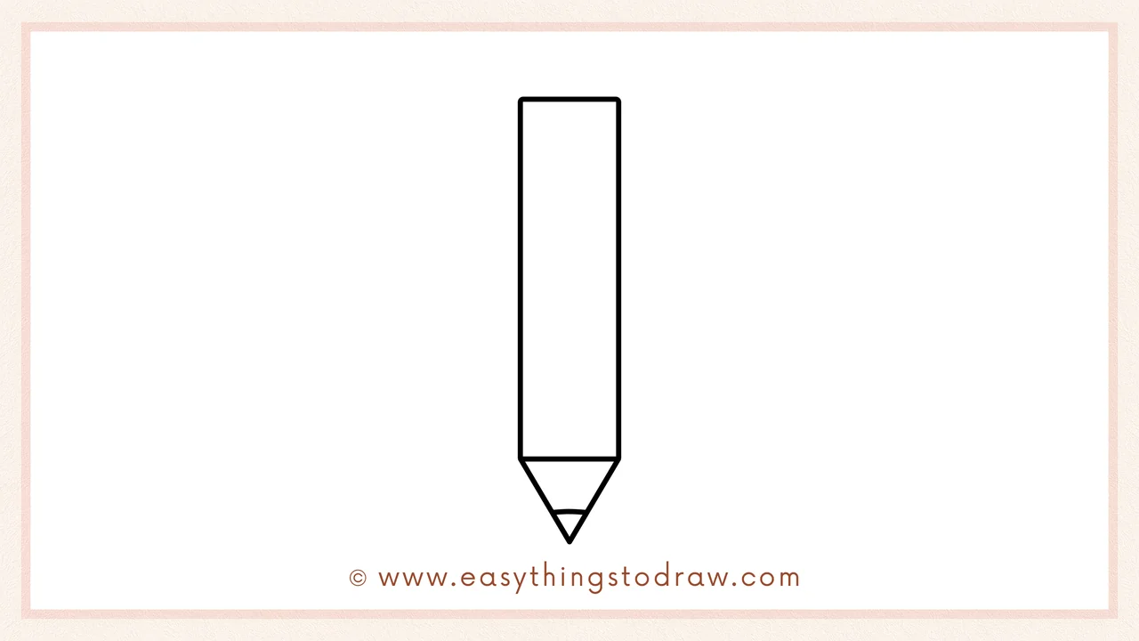 Step 5 of easy colored pencil drawing steps – Adding a small curved line across the triangle tip for the pencil's lead.