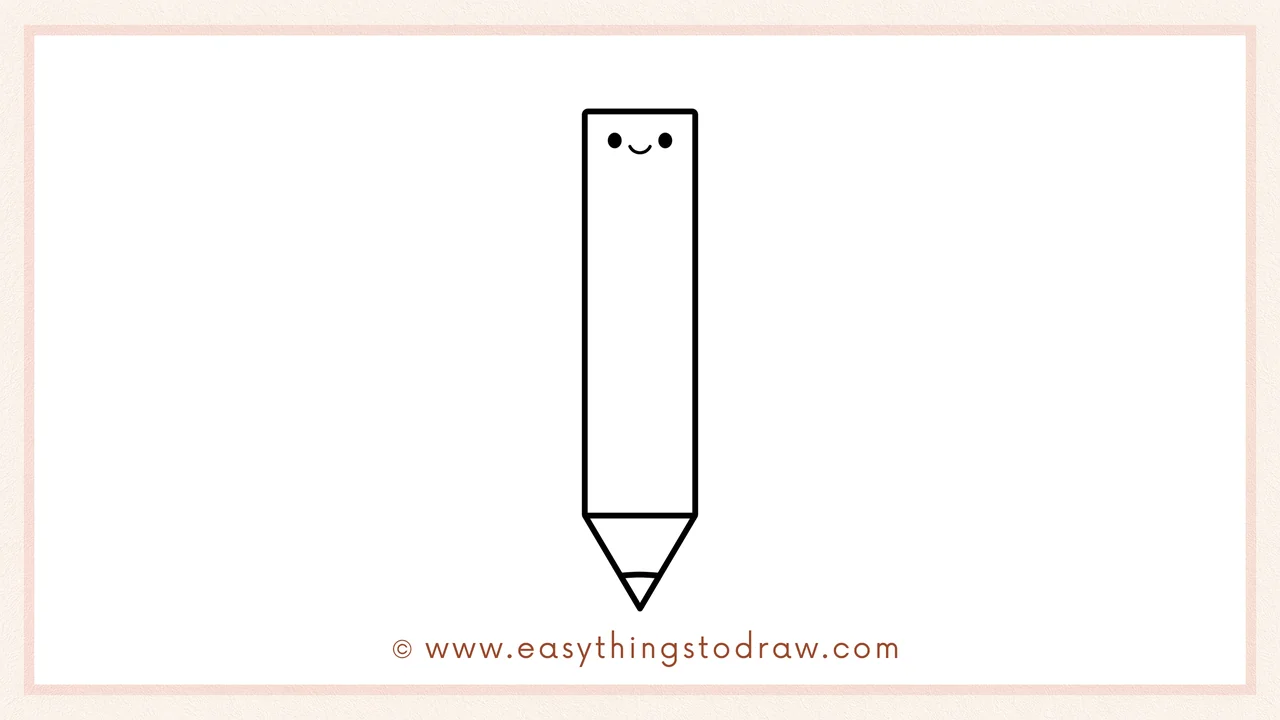 Step 6 of simple colored pencil drawing tutorial – Drawing two small eyes and a smiling mouth to give the pencil a cute face.